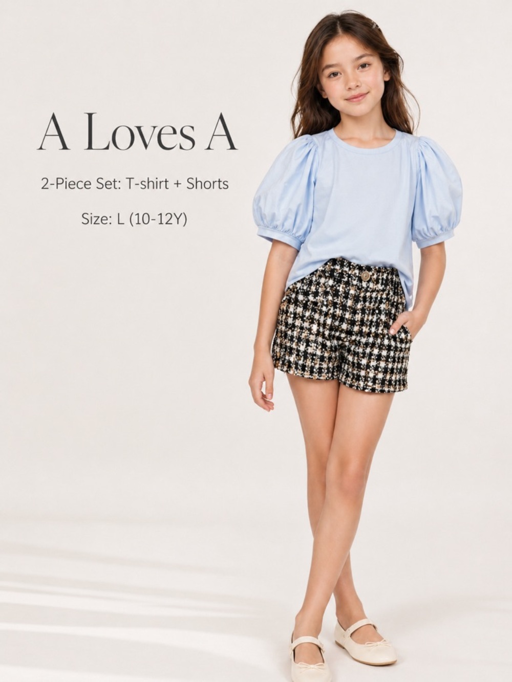 A Loves A Girls 2 Piece Set Blue Puff Top Black Sequin Tweed Shorts Size L 10-12